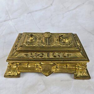 Brass Footed Trinket Box Heavily Detailed Hinged Lid Partially Lined Vintage